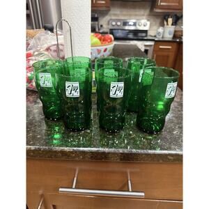 Large Set Of 7 VINTAGE GREEN 7-UP SODA POP DRINKING GLASSES ~ 7Up "WAVY"~ 4.75"